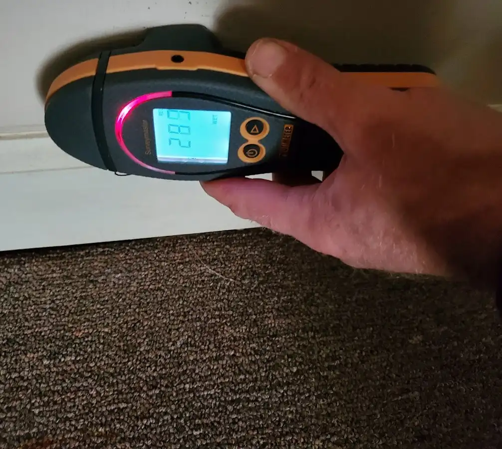 Moisture detection at baseboard during Storm Damage Restoration in Weston